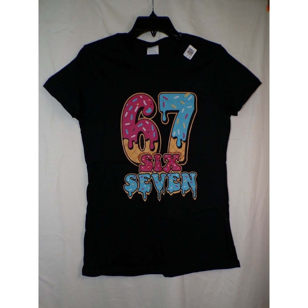 Women's Black Graphic T-Shirt 67 SIX SEVEN Drip Ice Cream Design S